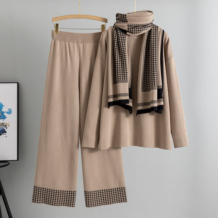 Livia Luxe Coord Set With Cape - flat-lay shot, camel with houndstooth scarf - Miss Mosa By Akanksha