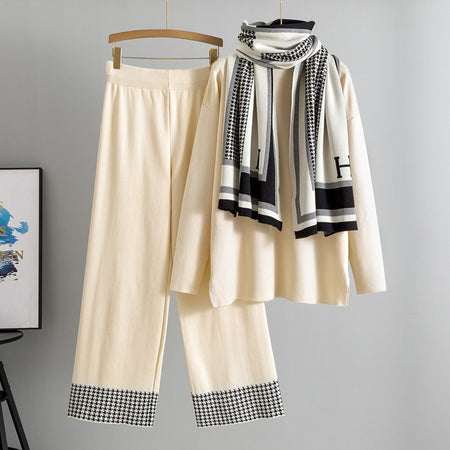 Livia Luxe Coord Set With Cape - flat-lay shot, cream with houndstooth scarf - Miss Mosa By Akanksha