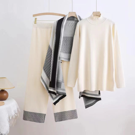 Livia Luxe Coord Set With Cape - flat-lay shot, cream with houndstooth scarf - Miss Mosa By Akanksha