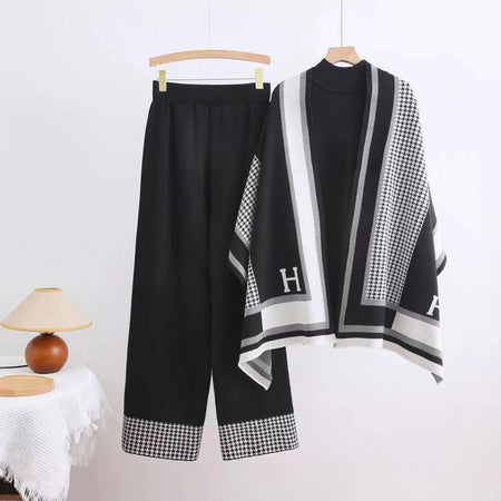 Livia Luxe Coord Set With Cape - flat-lay shot, black with houndstooth scarf - Miss Mosa By Akanksha
