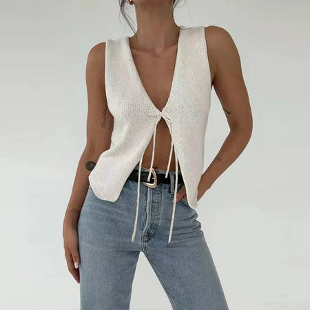 Livya Statement Vest Knot Tops in White - front shot on model, white - Miss Mosa By Akanksha