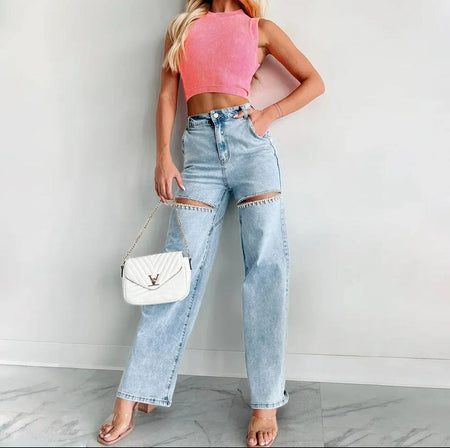Liza Rhinestone Statement Denim Jeans - front shot on model, light blue - Miss Mosa By Akanksha