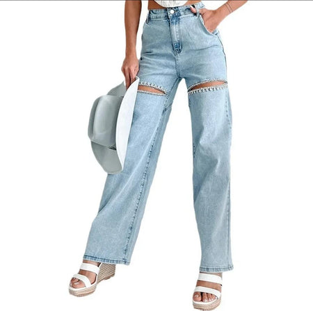 Liza Rhinestone Statement Denim Jeans - front shot on model, light blue - Miss Mosa By Akanksha