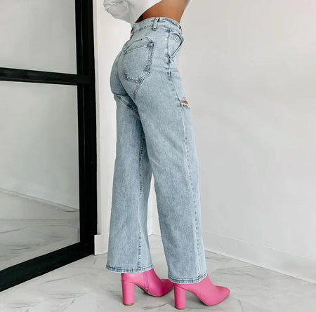 Liza Rhinestone Statement Denim Jeans - back shot on model, light blue - Miss Mosa By Akanksha