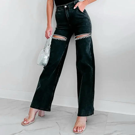 Liza Rhinestone Statement Denim Jeans - front shot on model, black - Miss Mosa By Akanksha