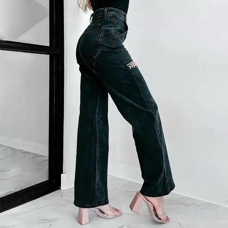 Liza Rhinestone Statement Denim Jeans - back shot on model, black - Miss Mosa By Akanksha