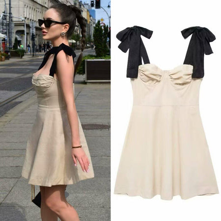 Liza Statement Mini Dress In Beige - side shot on model and packshot - Miss Mosa By Akanksha