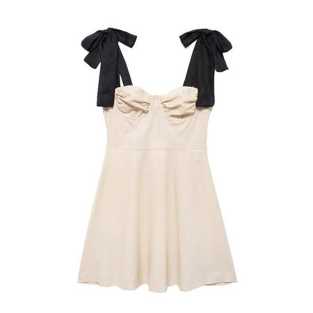 Liza Statement Mini Dress In Beige - front flat-lay product shot - Miss Mosa By Akanksha