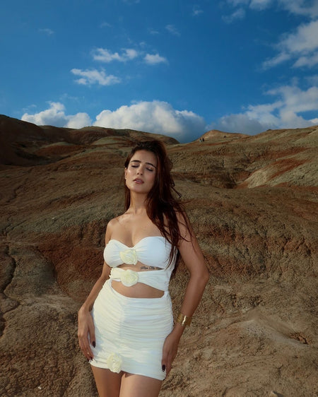 Logan Holiday Swimsuit with Skirt - lifestyle shot on model, white - Miss Mosa By Akanksha