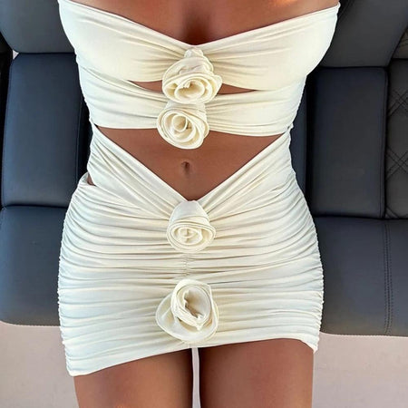 Logan Holiday Swimsuit with Skirt - close-up of rosette detail, cream - Miss Mosa By Akanksha