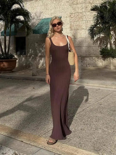 Logos Luxe Knit Bodycon Dress - full-length shot on model, brown - Miss Mosa By Akanksha