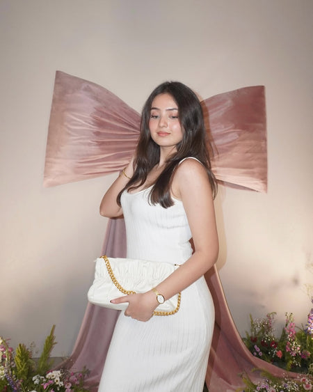 Logos Luxe Knit Bodycon Dress - front shot on model, white - Miss Mosa By Akanksha