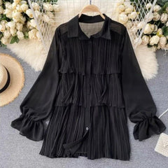 Loila Pleated Blouse - styled flat-lay shot, black - Miss Mosa By Akanksha