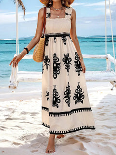 Loir Holiday Midi Dress In Off White - lifestyle shot on model, beige - Miss Mosa By Akanksha