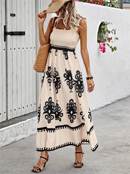 Loir Holiday Midi Dress In Off White - lifestyle shot on model, beige - Miss Mosa By Akanksha