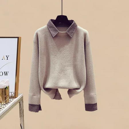 Lois Woolen Coord Set In Beige - flat-lay product shot of the collared jumper - Miss Mosa By Akanksha