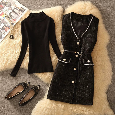 Lola Set of Top and Woolen Tweed Dress - flat-lay shot of top and dress, black - Miss Mosa By Akanksha
