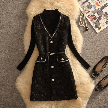 Lola Set of Top and Woolen Tweed Dress - flat-lay shot of belted dress, black - Miss Mosa By Akanksha
