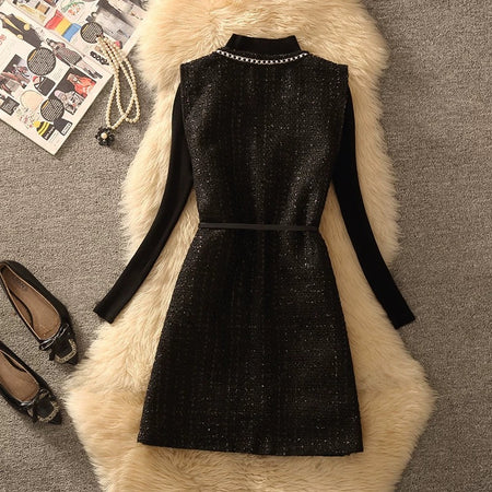 Lola Set of Top and Woolen Tweed Dress - flat-lay shot of dress, black - Miss Mosa By Akanksha