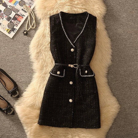 Lola Set of Top and Woolen Tweed Dress - flat-lay shot of belted dress, black - Miss Mosa By Akanksha