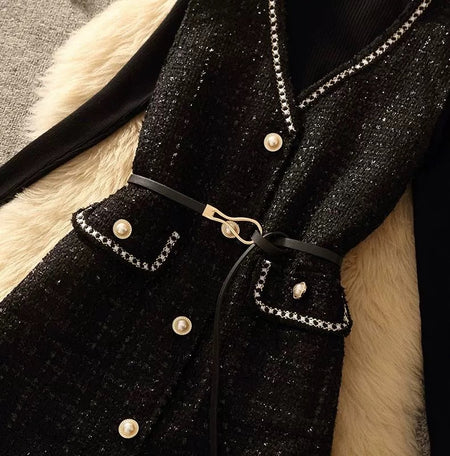 Lola Set of Top and Woolen Tweed Dress - close-up of belt and pocket detail, black - Miss Mosa By Akanksha