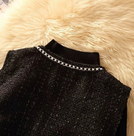 Lola Set of Top and Woolen Tweed Dress - close-up of neckline trim, black - Miss Mosa By Akanksha