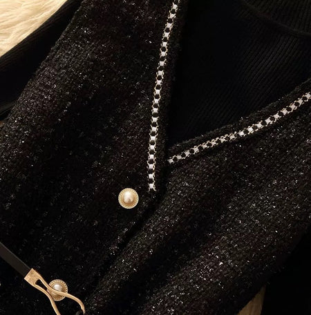 Lola Set of Top and Woolen Tweed Dress - close-up of lapel and button detail, black - Miss Mosa By Akanksha