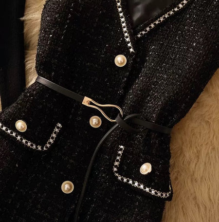 Lola Set of Top and Woolen Tweed Dress - close-up of belt and pocket detail, black - Miss Mosa By Akanksha