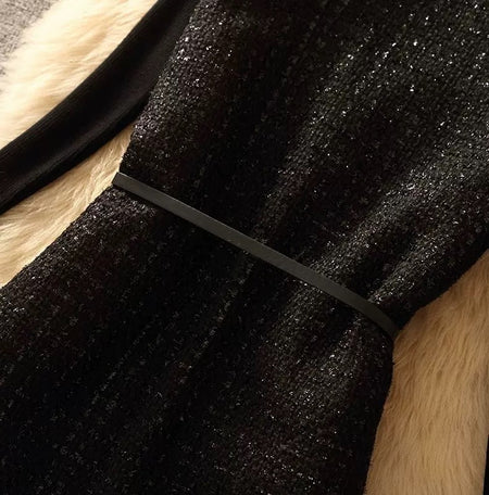 Lola Set of Top and Woolen Tweed Dress - close-up of tweed waist detail, black - Miss Mosa By Akanksha