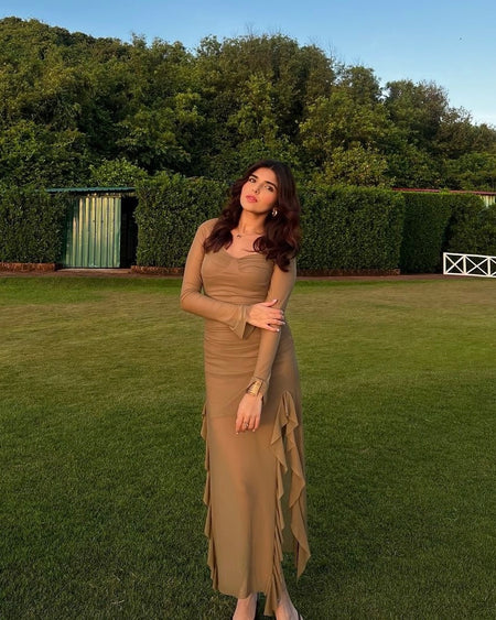 Lolita Ruffled Bodycon Maxi Dress - front shot on model, khaki - Miss Mosa By Akanksha