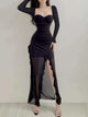 Lolita Ruffled Bodycon Maxi Dress - front shot on model, black - Miss Mosa By Akanksha