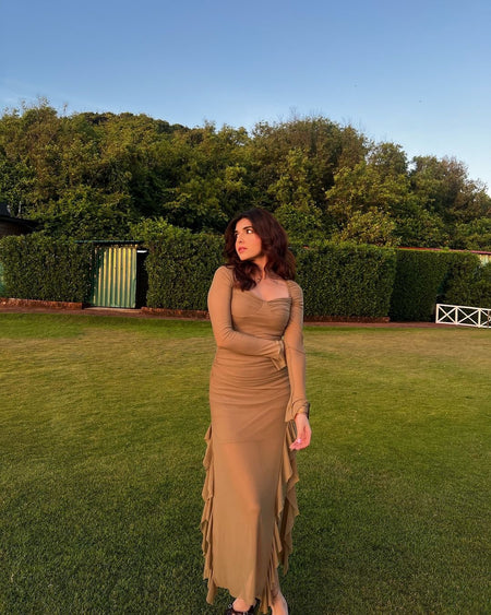 Lolita Ruffled Bodycon Maxi Dress - side shot on model, khaki - Miss Mosa By Akanksha