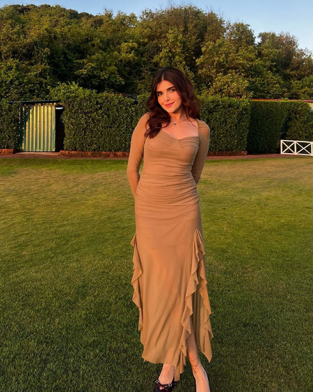Lolita Ruffled Bodycon Maxi Dress - front shot on model, khaki - Miss Mosa By Akanksha