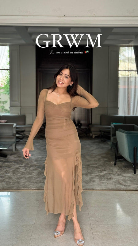 Lolita Ruffled Bodycon Maxi Dress - full-length shot on model, tan - Miss Mosa By Akanksha