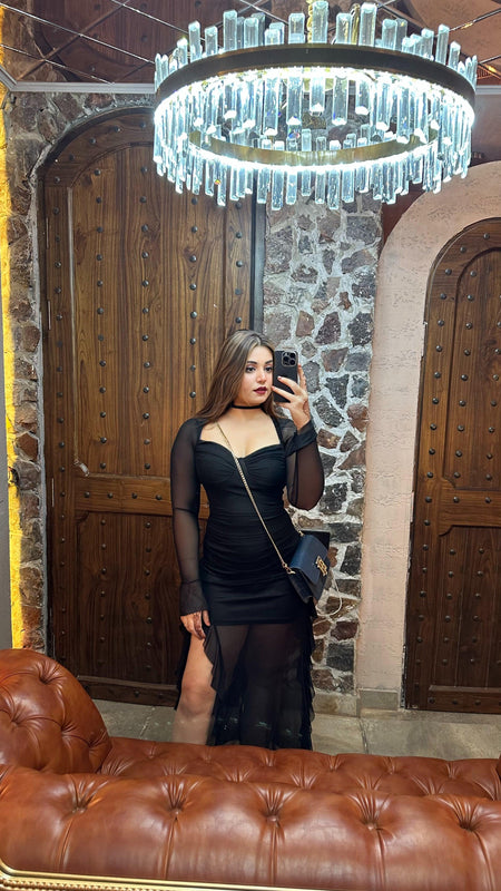 Lolita Ruffled Bodycon Maxi Dress - lifestyle shot on model, black - Miss Mosa By Akanksha