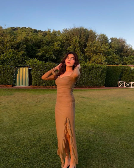 Lolita Ruffled Bodycon Maxi Dress - back shot on model, khaki - Miss Mosa By Akanksha