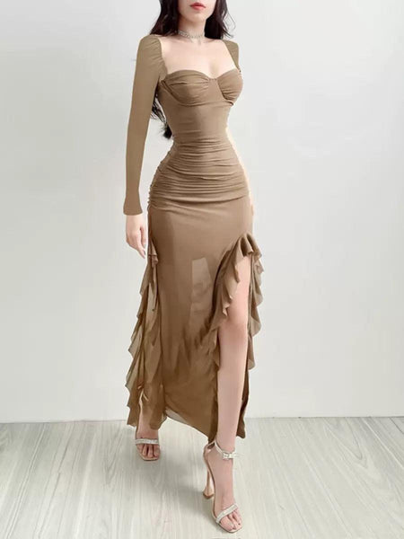 Lolita Ruffled Bodycon Maxi Dress - front shot on model, tan - Miss Mosa By Akanksha