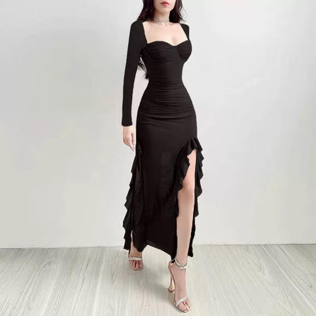 Lolita Ruffled Bodycon Maxi Dress - front shot on model, black - Miss Mosa By Akanksha