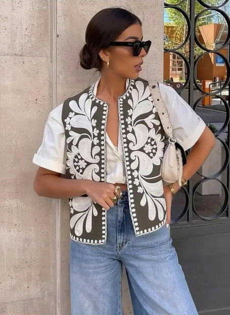 Lore Embroidered Vest Summer Top - front shot on model, khaki brown with white embroidery - Miss Mosa By Akanksha