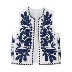 Lore Embroidered Vest Summer Top - flat-lay product shot of vest, white with navy blue embroidery - Miss Mosa By Akanksha
