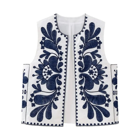 Lore Embroidered Vest Summer Top - flat-lay product shot of vest, white with navy blue embroidery - Miss Mosa By Akanksha