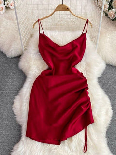 Lorelai Satin Mini Dress - styled flat-lay shot, red - Miss Mosa By Akanksha