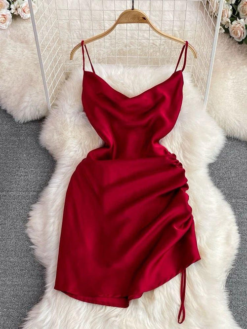 red bodycon dress satin Red Satin Cowl Neck Bodycon Dress