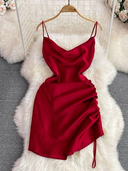 Lorelai Satin Mini Dress - styled flat-lay shot, red - Miss Mosa By Akanksha
