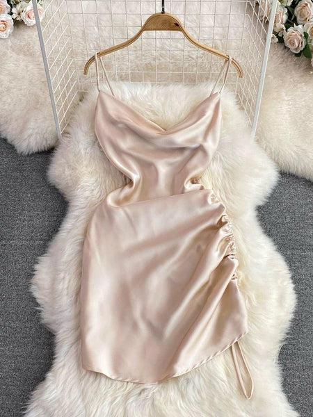 Lorelai Satin Mini Dress - styled flat-lay shot, champagne - Miss Mosa By Akanksha