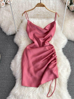 Lorelai Satin Mini Dress - front shot on hanger, pink - Miss Mosa By Akanksha