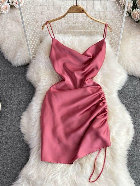 Lorelai Satin Mini Dress - front shot on hanger, pink - Miss Mosa By Akanksha