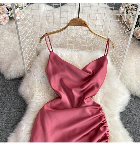 Lorelai Satin Mini Dress - close-up of neckline, pink - Miss Mosa By Akanksha