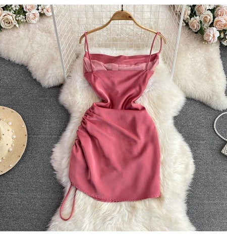 Lorelai Satin Mini Dress - styled flat-lay shot, pink - Miss Mosa By Akanksha
