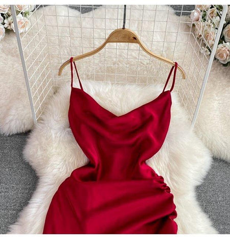 Lorelai Satin Mini Dress - front shot on hanger, red - Miss Mosa By Akanksha